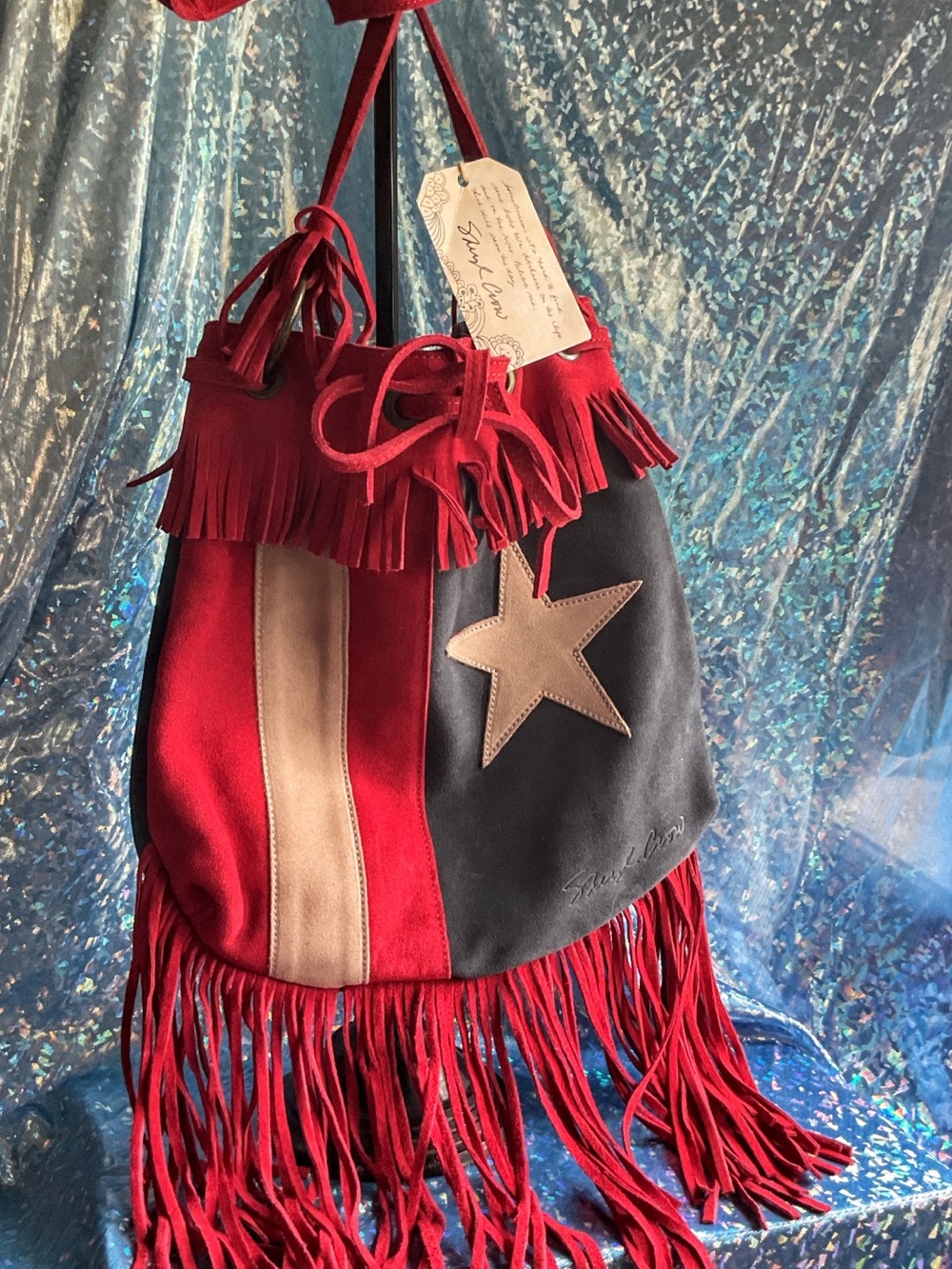 Sheryl Crow Texas Flag Fringed Star Suede Bogo ShoulderBag in Red, Navy& Cream